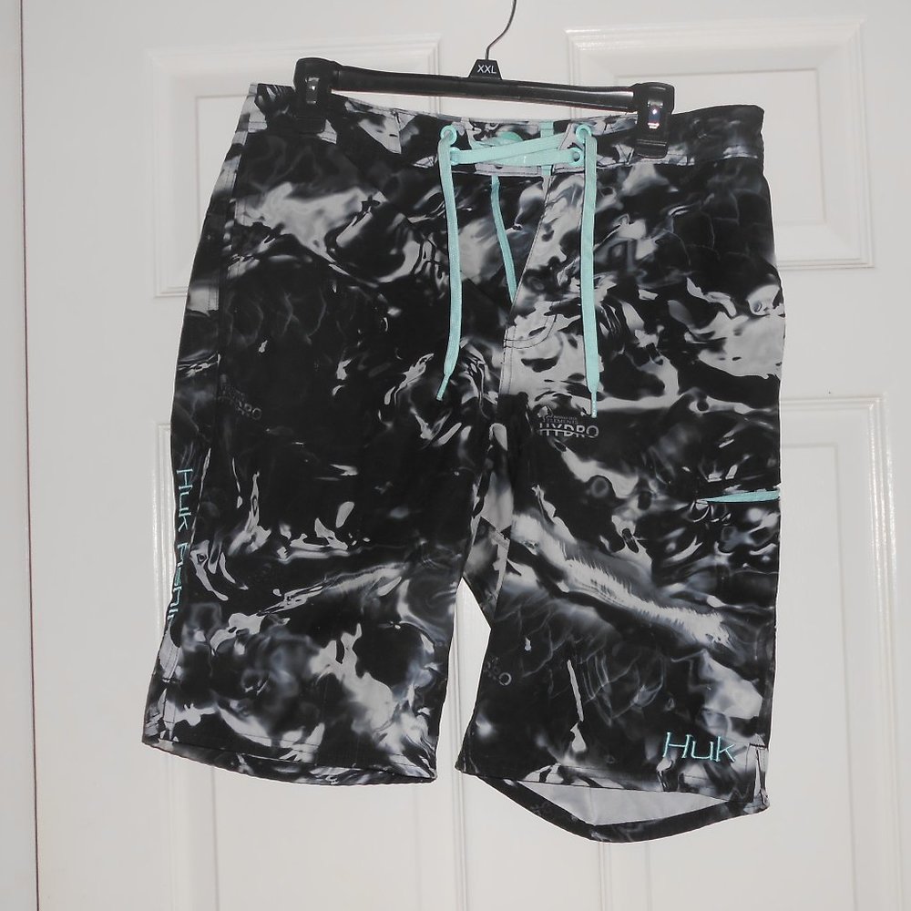 Huk Fishing Short Gray, black, white, and aqua
